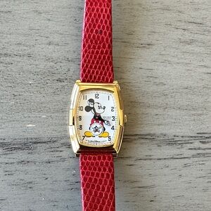 Seiko Gold Watch with Red lizard Strap and Mickey Mouse Dial Rare find